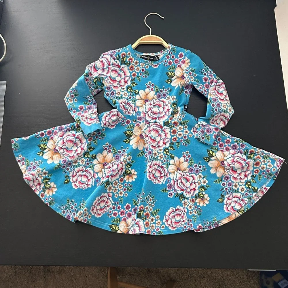 Rock Your Kid Dress Blue Floral Waisted Pocket Short Sleeve Fit &‎ Flare Girl 3